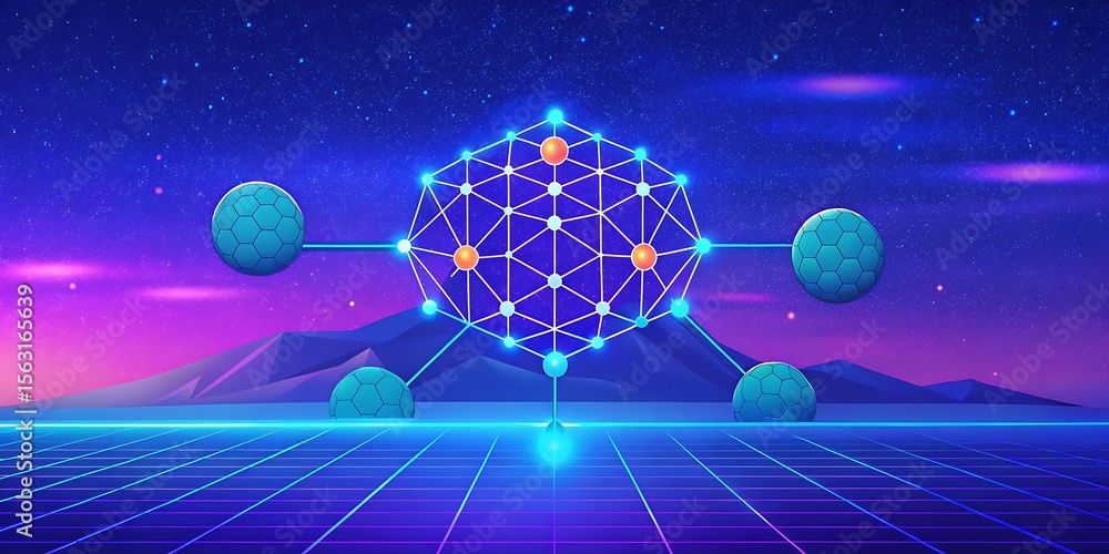 Aufkleber a futuristic network of glowing nodes and lines connects across a retro styled landscape under a neo