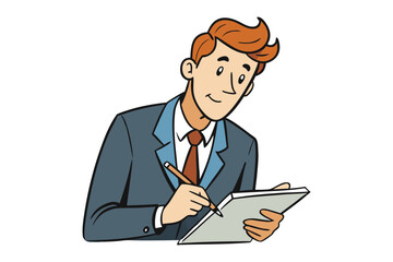 Smiling cartoon businessman with reddish brown hair wearing a suit and tie diligently writing in a notebook with a pen