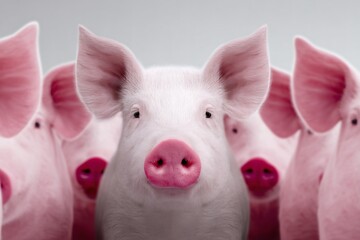 Fototapeta premium group of pink pigs, pigs looking forward, farm animal teamwork concept