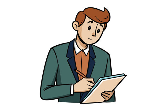 Cartoon businessman in a suit writing on a clipboard with a pen focused and professional isolated on white background