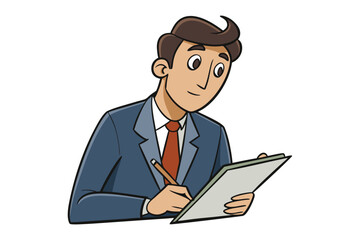 Smiling businessman in a blue suit and red tie diligently writing notes on a clipboard with a pencil