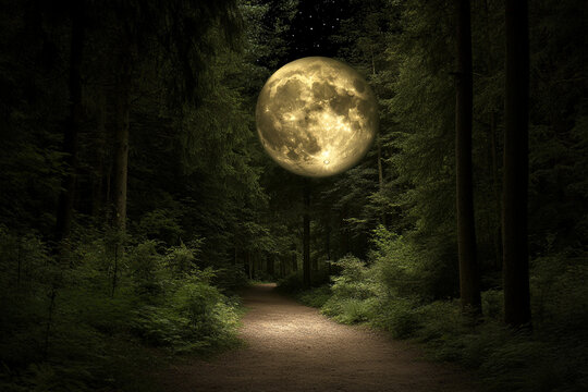 Moonlit alien forest on a distant world reveals luminous path under a glowing sky