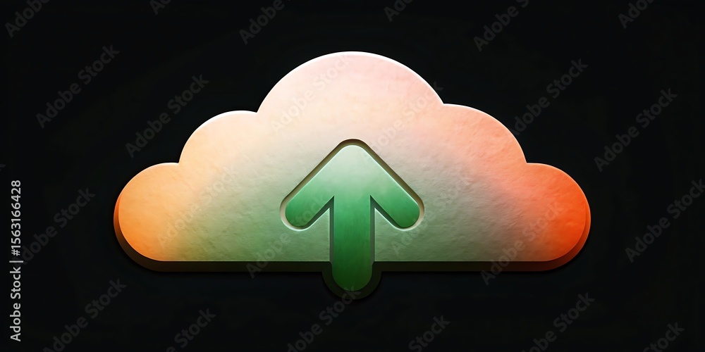 Poster a colorful 3d cloud icon with an upward arrow, symbolizing data upload and cloud storage against a d