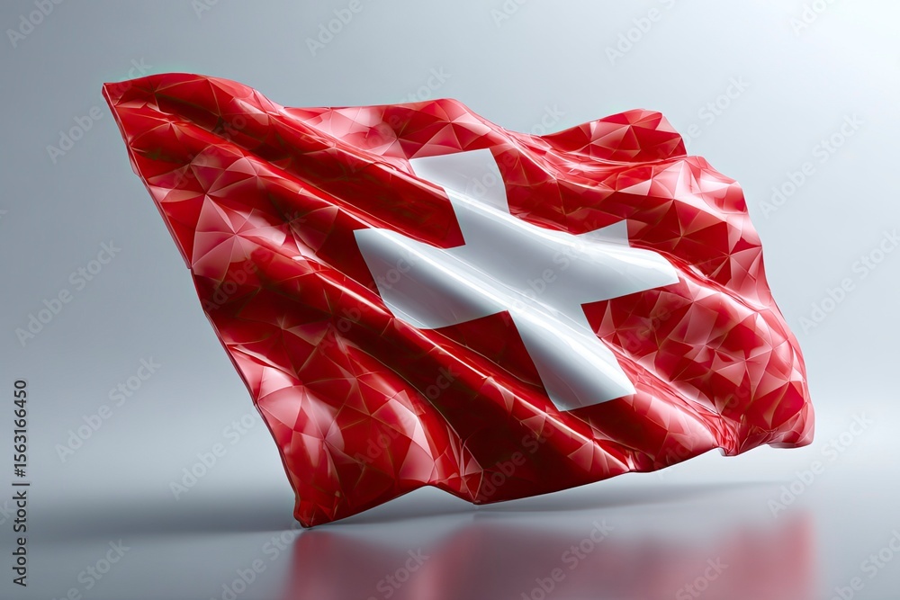 Poster a geometric stylized 3d rendering of the swiss flag red with a white cross with triangular facets re