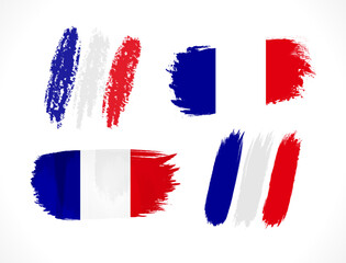 Set of three color flags in brushstroke style. Creative artistic flag of France. Handdrawn graphic. Isolated elements. Holiday event, travel or business branding concept. Clothing or textile design.