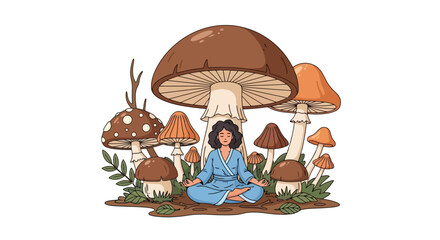 Mushroom Meditation: Serene Woman in a Fungi Forest