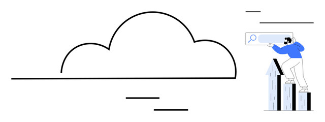 Man on bar graph using search magnifier near a large cloud, representing technology, data, and growth. Ideal for cloud computing, analytics, innovation, technology, business digital solutions