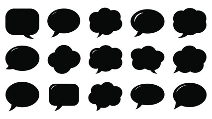Minimalistic set of 15 black speech and thought bubbles in various shapes, ideal for comics, design templates, and digital artwork