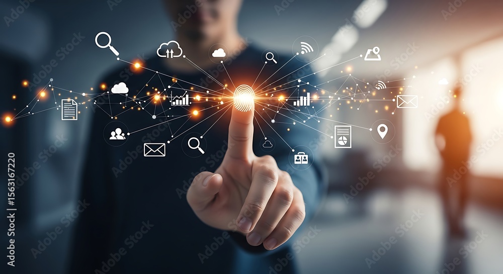 Poster man s fingertip ignites a shimmering network of data icons like a digital dawn against a blurry mode