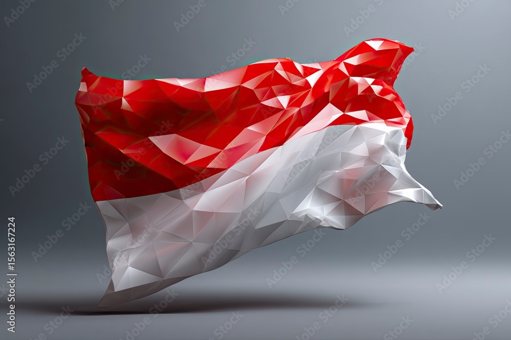 Poster a polygonal flag with red white color scheme seemingly floating above a gray surface with light refl