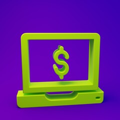 Green Laptop with dollar icon isolated on purple-blue background. Sending money around the world, money transfer, online banking, financial transaction. Minimalism concept. 3D render illustration