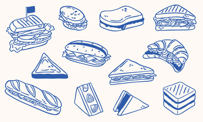 sandwich illustration hand drawn sketch doodle - vector line art collection set