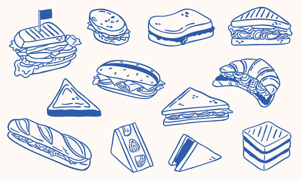 Naklejki sandwich illustration hand drawn sketch doodle - vector line art collection set