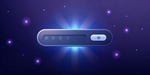 A futuristic password input field with a star icon glows brightly against a dark blue background.