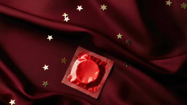 Red condom wrapper on burgundy fabric with gold stars, promoting safe sex