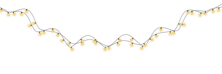 Christmas garland lights glow in cozy golden tones. Bulbs on wire shine softly for holiday atmosphere. Transparent background fits digital banners and UI. Festive vector set includes curved strands