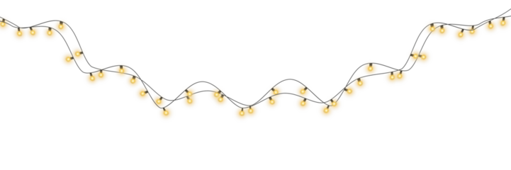 Christmas garland lights glow in cozy golden tones. Bulbs on wire shine softly for holiday atmosphere. Transparent background fits digital banners and UI. Festive vector set includes curved strands