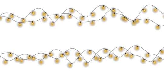Christmas garland lights glow in cozy golden tones. Bulbs on wire shine softly for holiday atmosphere. Transparent background fits digital banners and UI. Festive vector set includes curved strands