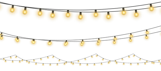 Bright garlands with a golden glow. For advertising invitations, web banners, postcards. Vector. Holidays decoration. Festive Christmas light gold garlands. LED lamp. Yellow lights on a illustration.