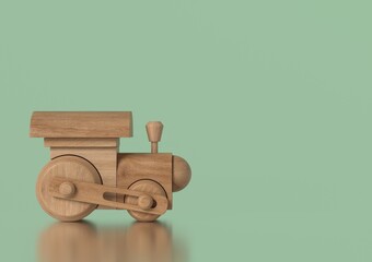 Wooden Toy on Green background with copy space. Eco Bio Sustainable Kids Toy concept. Minimal 3d rendering.