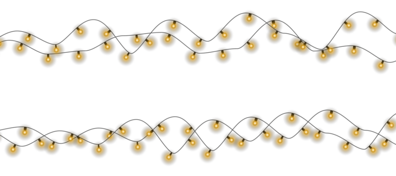 Christmas garland lights glow in cozy golden tones. Bulbs on wire shine softly for holiday atmosphere. Transparent background fits digital banners and UI. Festive vector set includes curved strands