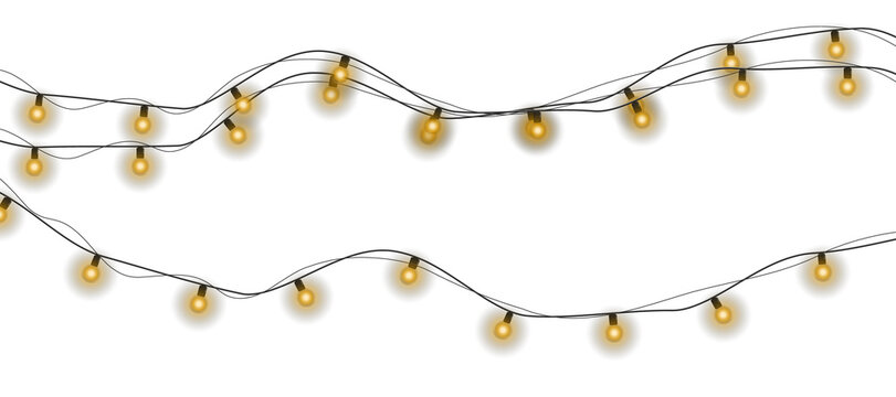Set of Christmas glowing garlands.  Yellow lights glow on a transparent background. Decor element for postcards, invitations, backgrounds transparent, business cards. Winter new collection 2025.