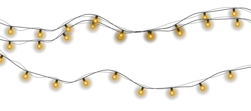 Set of Christmas glowing garlands.  Yellow lights glow on a transparent background. Decor element for postcards, invitations, backgrounds transparent, business cards. Winter new collection 2025.