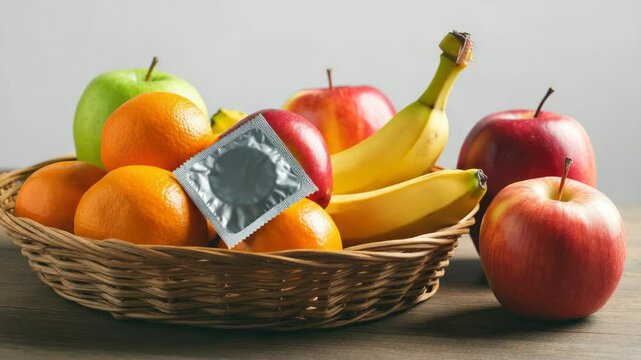 Basket of fruits with condom on top, suggesting safe sex and healthy living