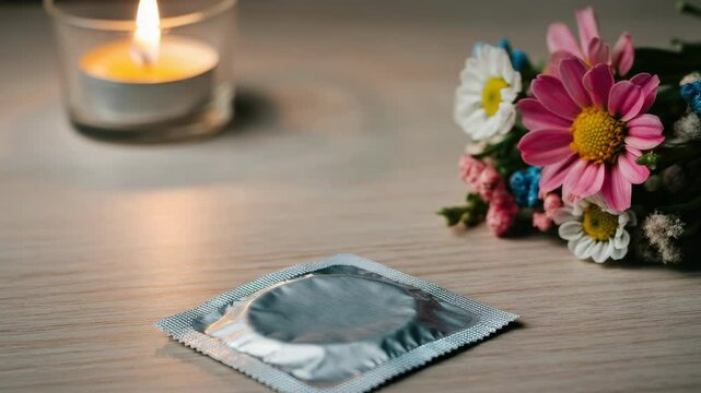 Condom in silver wrapper next to flowers and candle on wooden surface
