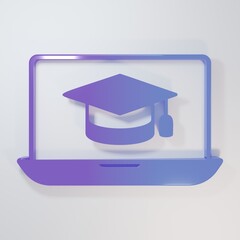Purple-blue Graduation cap on screen laptop icon isolated on grey background. Online learning or...