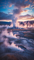 Fototapeta premium Sunset Over Geothermal Geysers and Hot Springs