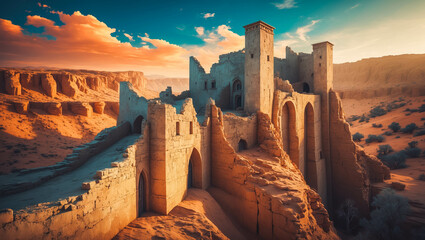 Ancient Fortress Ruins in Desert at Sunset