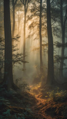 Fototapeta premium Misty Forest Path with Sunlight