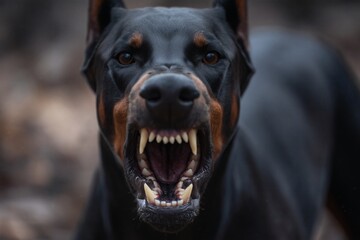 angry doberman barking, outdoors blurred background, guard dog concept
