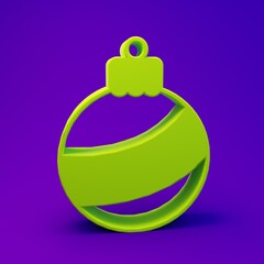 Green Christmas ball icon isolated on purple-blue background. Merry Christmas and Happy New Year. Minimalism concept. 3D render illustration