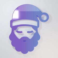 Purple-blue Santa Claus hat and beard icon isolated on grey background. Merry Christmas and Happy New Year. Minimalism concept. 3D render illustration