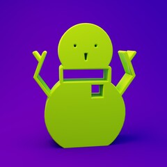 Green Christmas snowman icon isolated on purple-blue background. Merry Christmas and Happy New Year. Minimalism concept. 3D render illustration