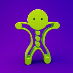 Green Holiday gingerbread man cookie icon isolated on purple-blue background. Cookie in shape of man with icing. Minimalism concept. 3D render illustration