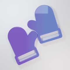 Purple-blue Pair of knitted christmas mittens icon isolated on grey background. Mitten icon. Merry Christmas and Happy New Year. Minimalism concept. 3D render illustration