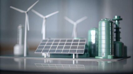 Fototapeta premium A model of a renewable energy plant featuring solar panels, wind turbines, and storage tanks on a reflective surface.