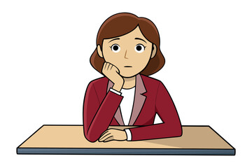 A cartoon woman in a red blazer rests her chin on her hand looking thoughtful or bored while sitting at a desk