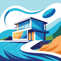 Modern Coastal House with Flowing Wave Elements, Elegant Beachfront Architecture Concept for Real Estate, Vacation Homes, and Rentals