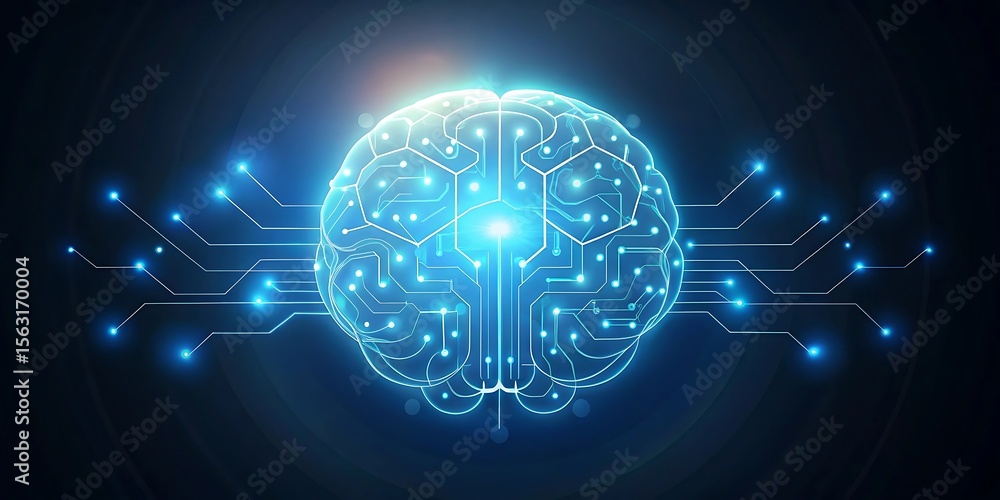 Poster a glowing blue brain circuit board symbolizes artificial intelligence and neural networks in a futur