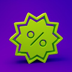 Green Discount percent tag icon isolated on purple-blue background. Shopping tag sign. Special offer sign. Discount coupons symbol. Minimalism concept. 3D render illustration