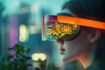 Woman wearing futuristic VR glasses, cityscape reflected, showcasing immersive technology and urban exploration.