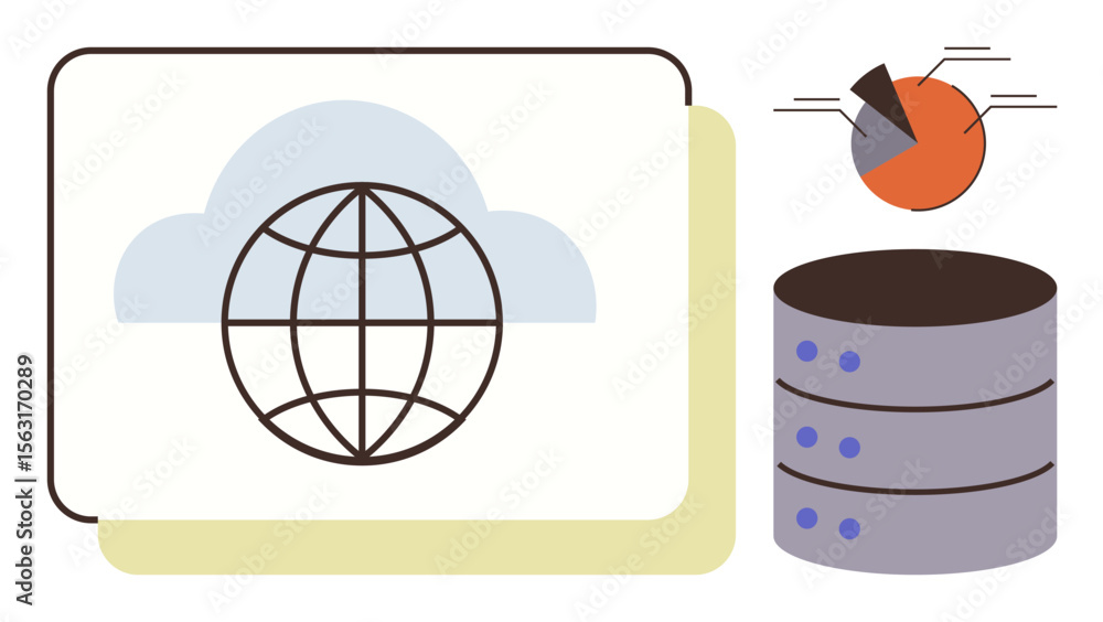 Poster cloud with globe, storage server, and pie chart illustrating global connectivity, data storage, clou