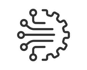 Modern tech icon featuring a gear connected to circuit lines. Symbolizes innovation, automation, and digital processes. Ideal for web design, presentations, and reports.