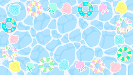 海の水面に浮き輪と貝殻とクラゲをあしらった夏のイメージのイラスト背景素材 © 梨夢堂