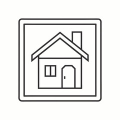 Minimalist outlined house icon inside geometric square frame, modern real estate logo template, clean line architecture symbol vector illustration