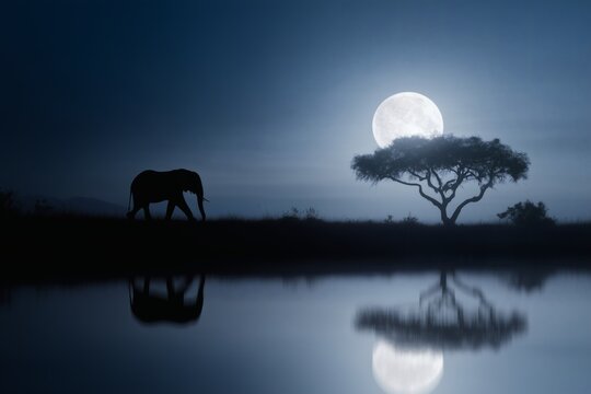 elephant tree moon, water reflection, tranquil african night